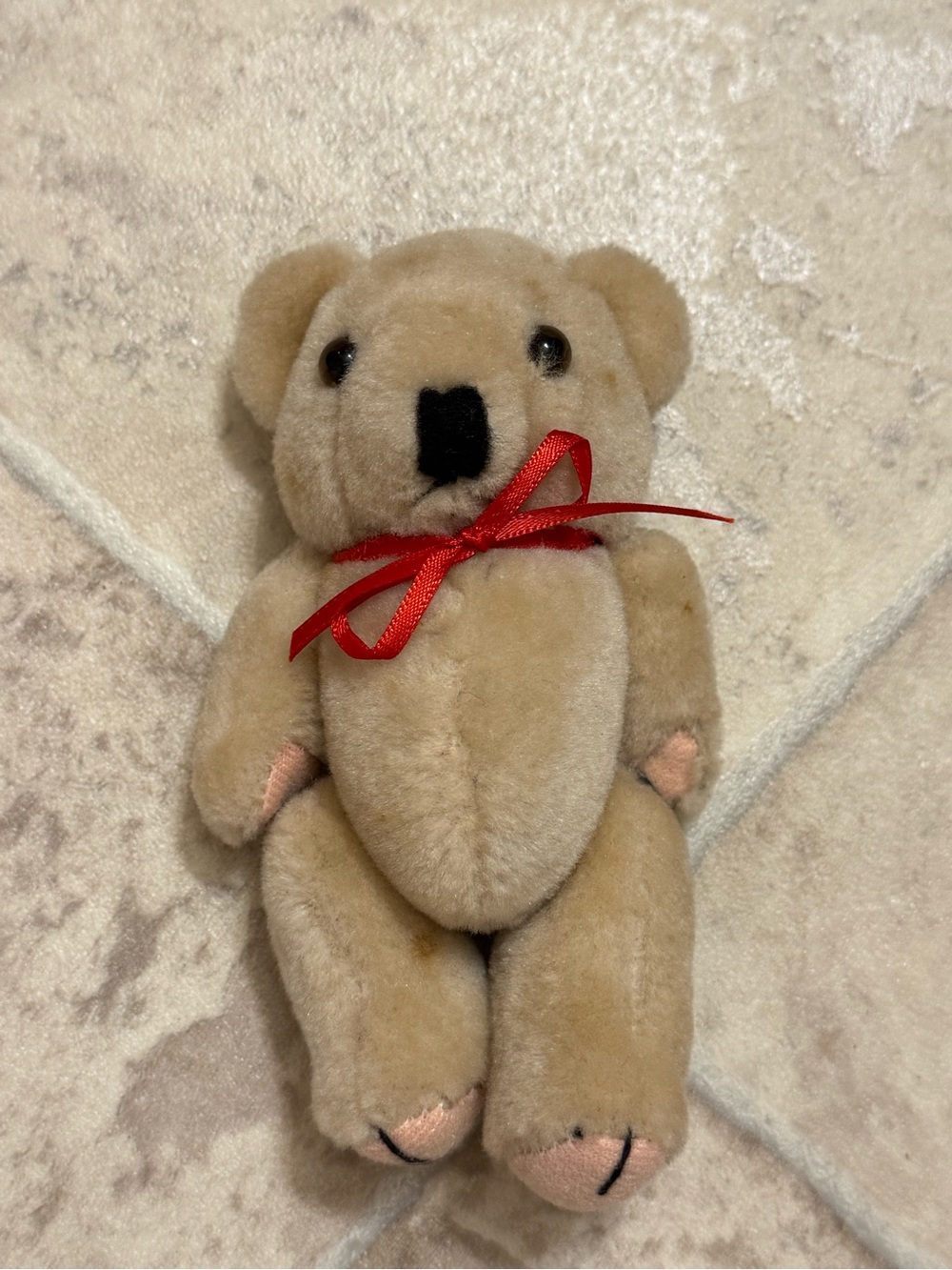 Vintage JOINTED PLUSH BEAR Stiff Beige Blonde wearing Red Ribbon